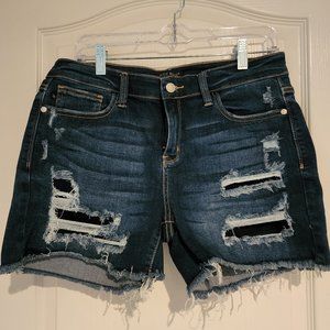 Denim Patch Backed Distressed Mid Rise Shorts